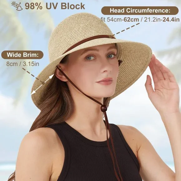 2XL/XL/L/M/S Womens Straw Hat,Wide Brim Sun Protection Beach Hats,UPF 50+ Floppy - Picture 2 of 5